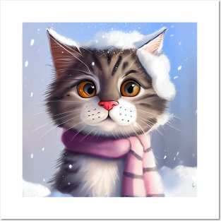 Lovely Cute Cat and Fluffy Cat Closeup in Winter Scenery Posters and Art